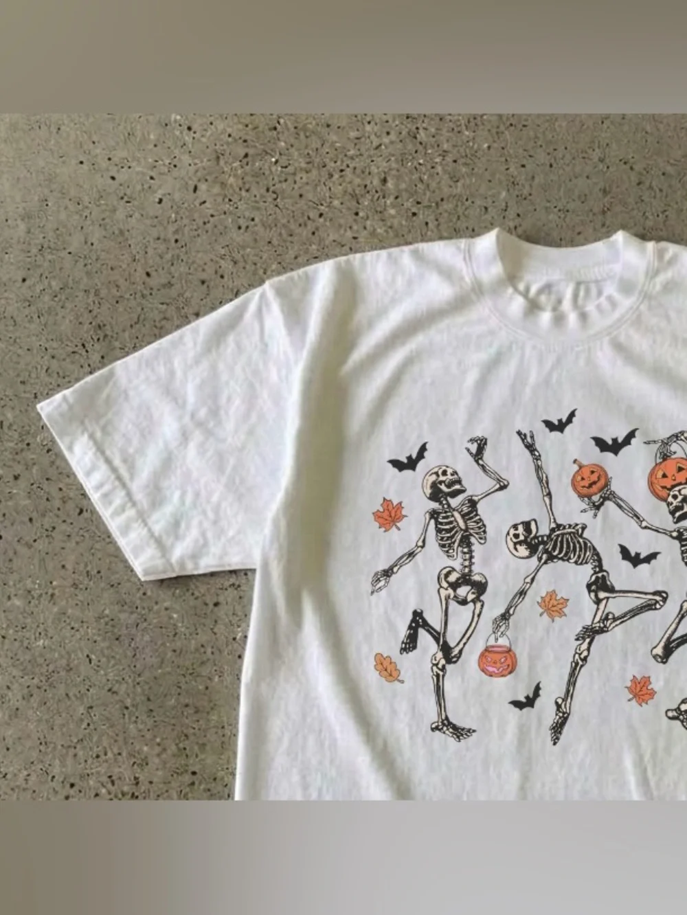 Dancing Skeletons Halloween Graphic Tee - White with Orange & Black - Picture 2 of 6